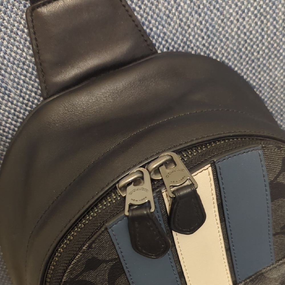 Men's Black Crossbody Sling Bag with Blue and White Stripe - Picture 3 of 8